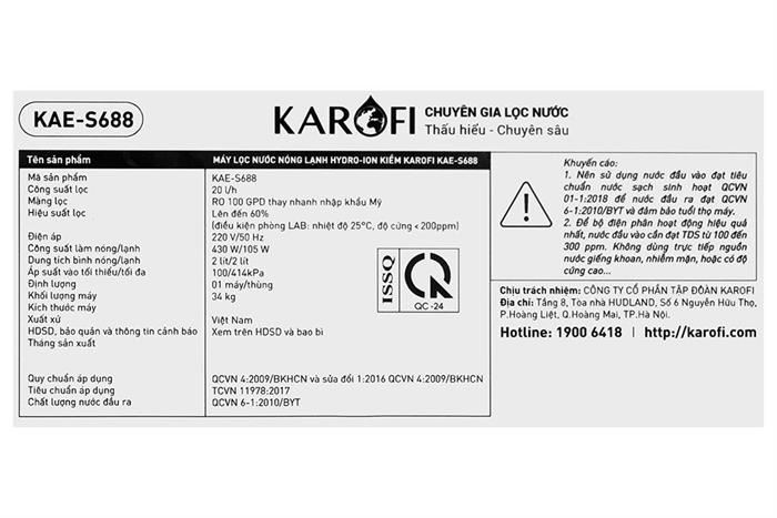 Máy Lọc Nước Karofi KAE-S688: RO Tinh Khiết, Bổ Sung Hydrogen – Nóng Lạnh Tiện Dụng